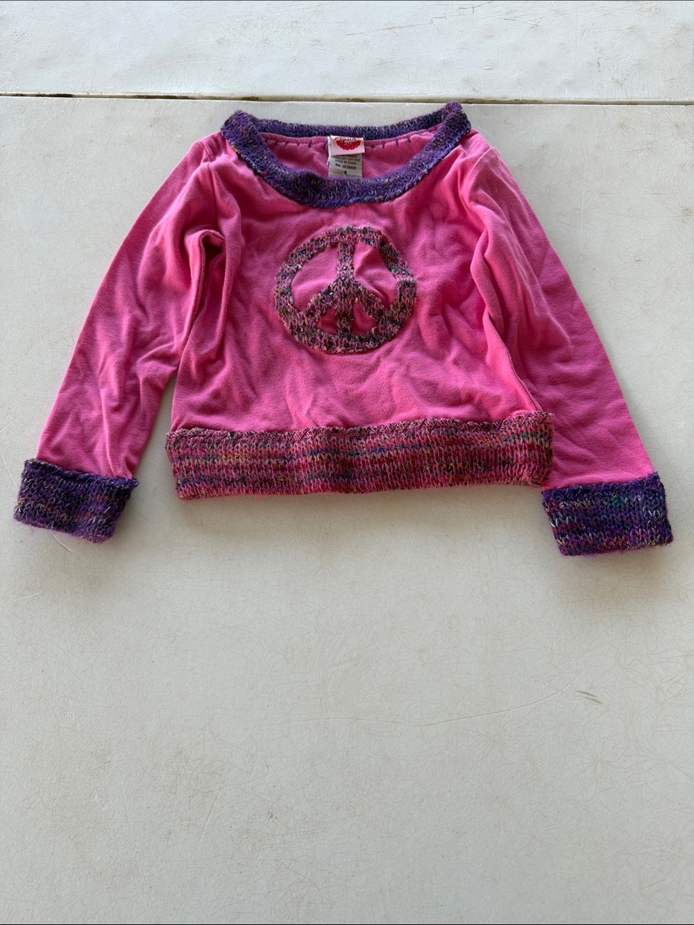 Vintage Lipstik Girls' Long Sleeve Pink Peace Sign Knit-Trim Pullover